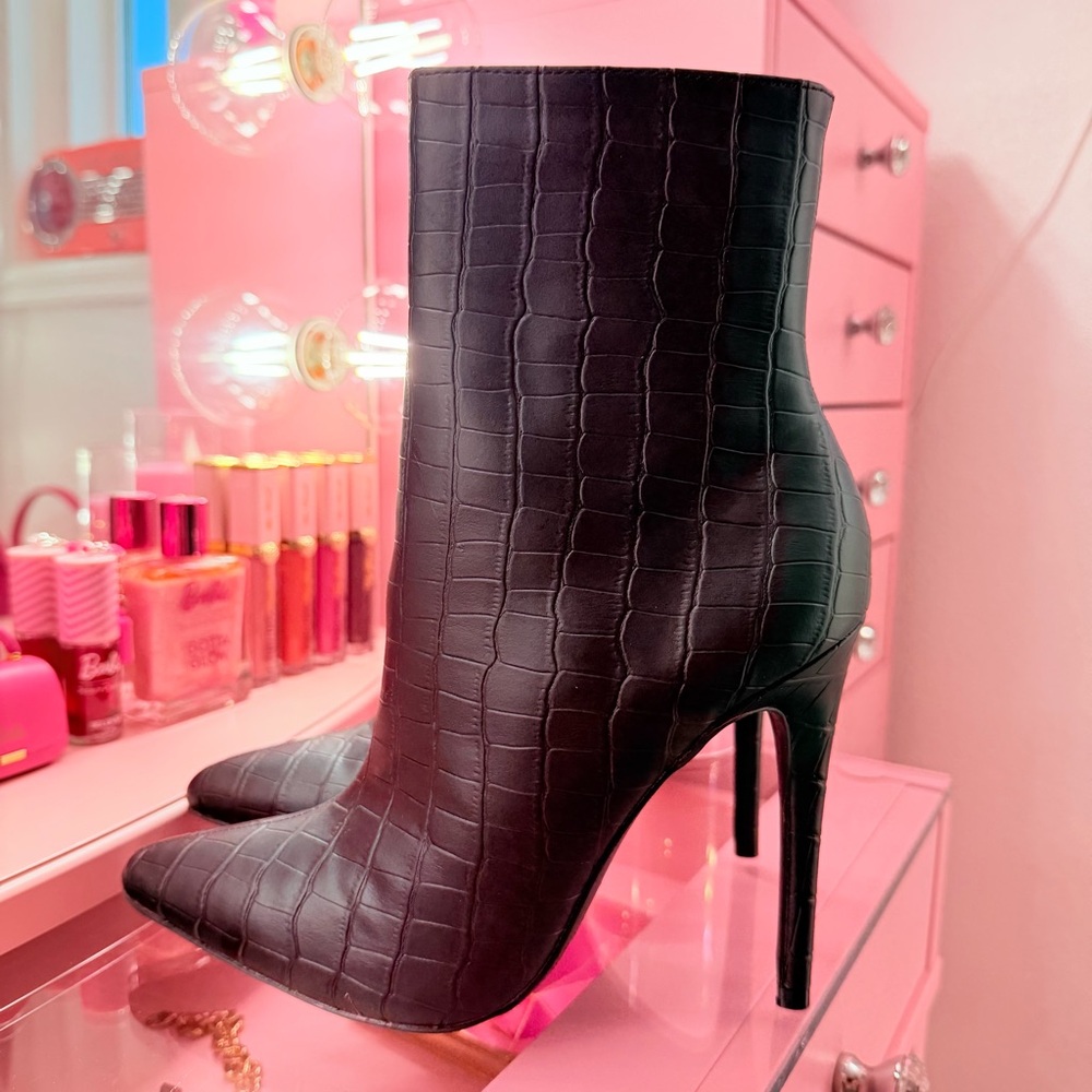 Black Croc-Embossed Stiletto Ankle Boots